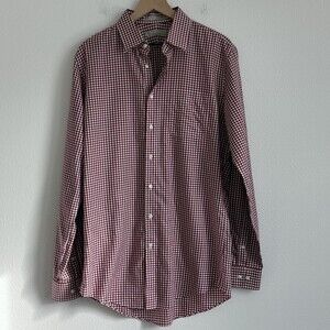 Nordstrom Men's Trim Fit Red Gingham Button Down Shirt Wrinkle Free 100% Cotton
